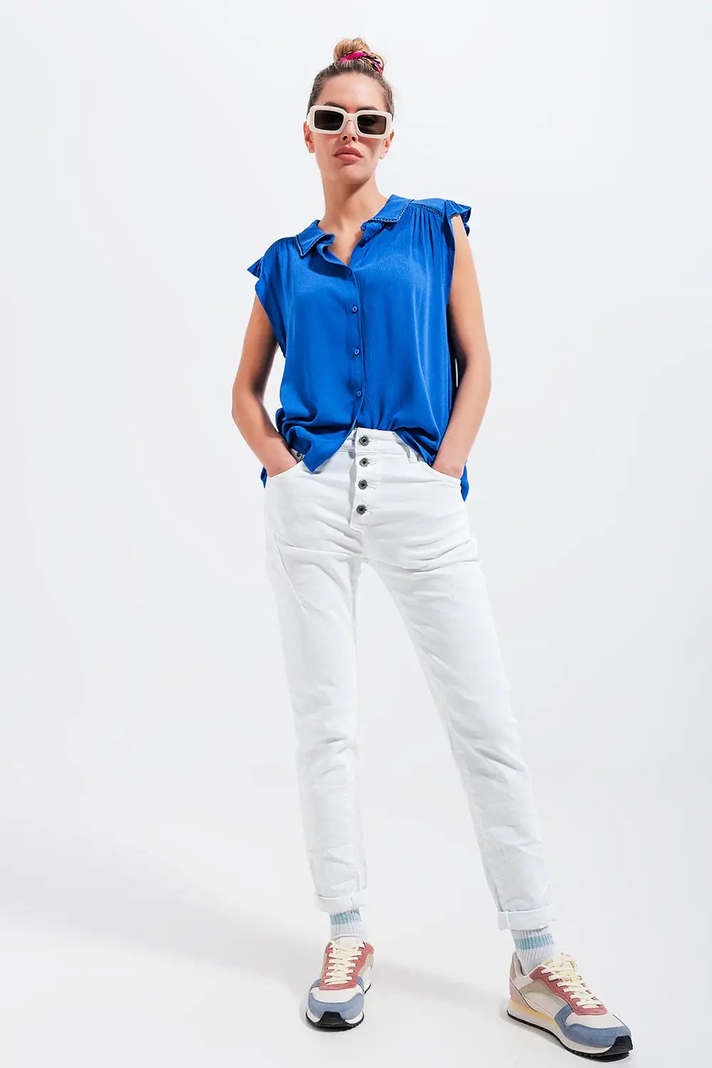 Blouse with frill sleeve in blue - Shirts