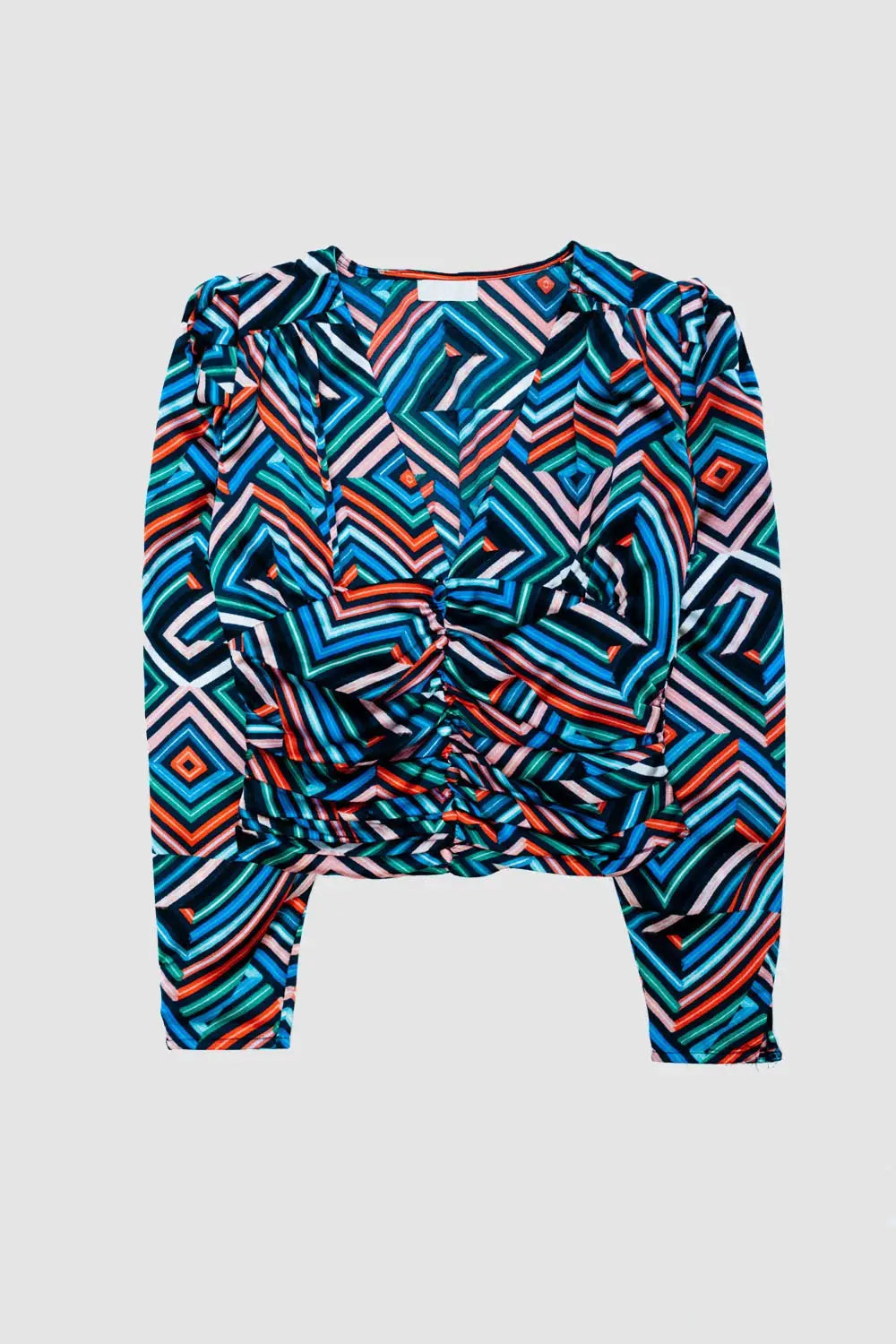 Q2 Blouse with ruched waist &amp; V neck in green geo