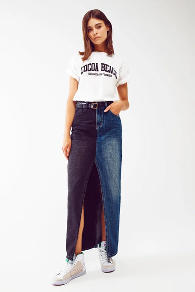 blue and black block denim skirt - Skirts
