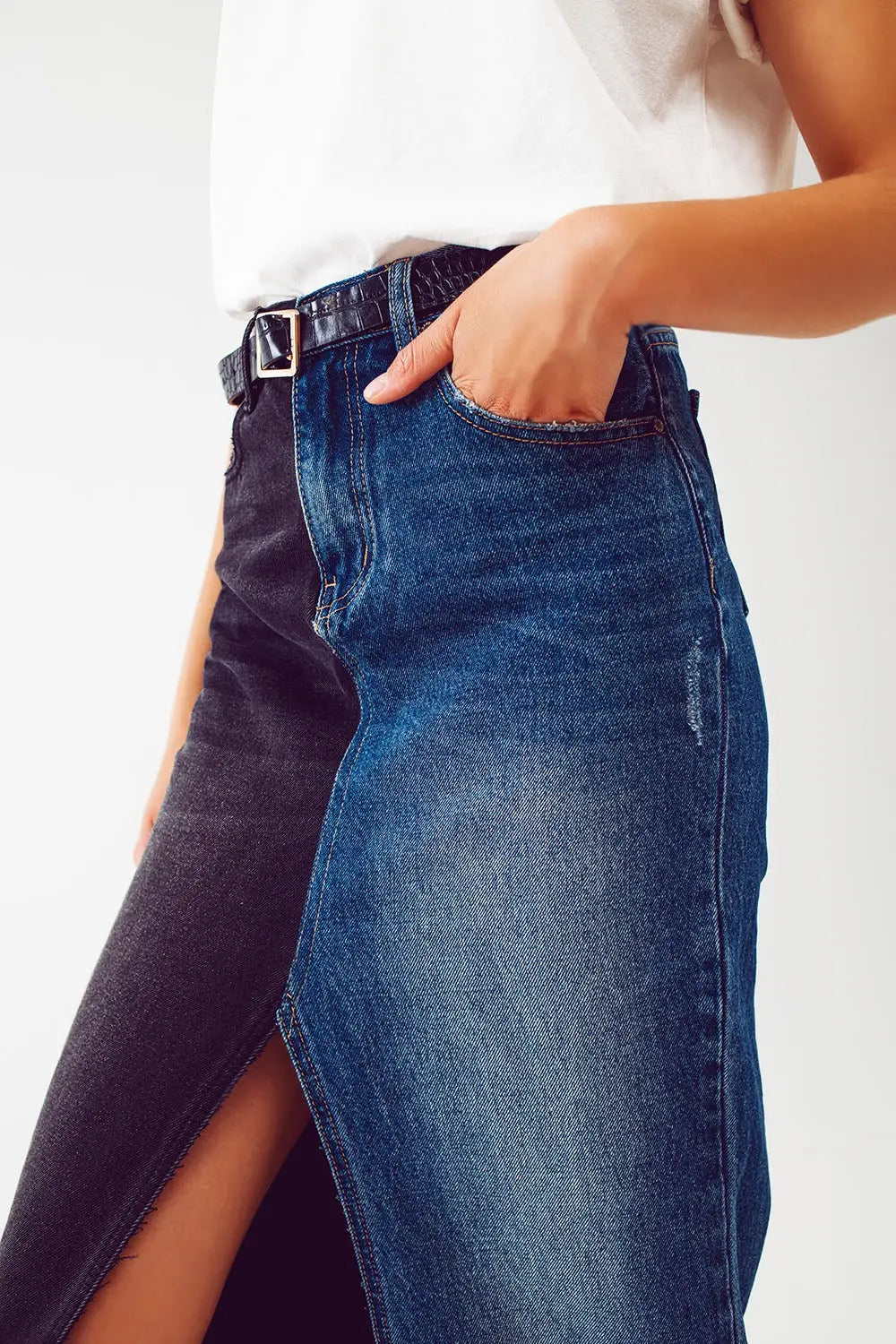 blue and black block denim skirt - Skirts