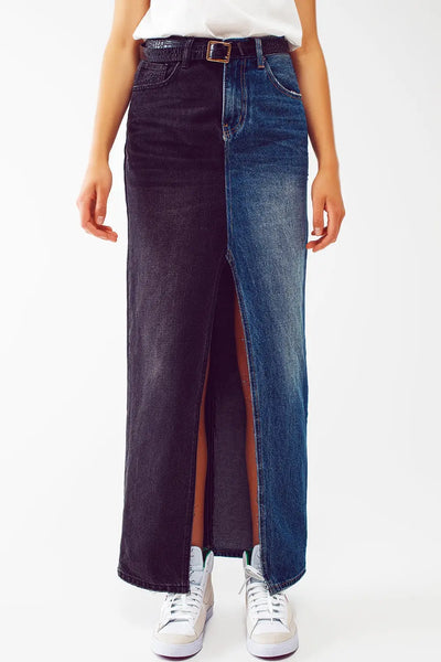 blue and black block denim skirt - Skirts