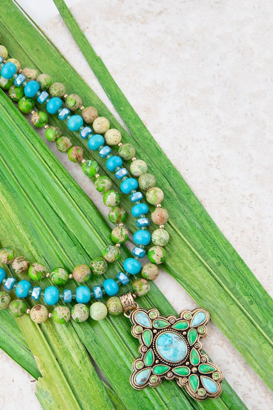 Legacy Lime Green and Blue Turquoise Golden Cross Pendant Statement Necklace - Necklace