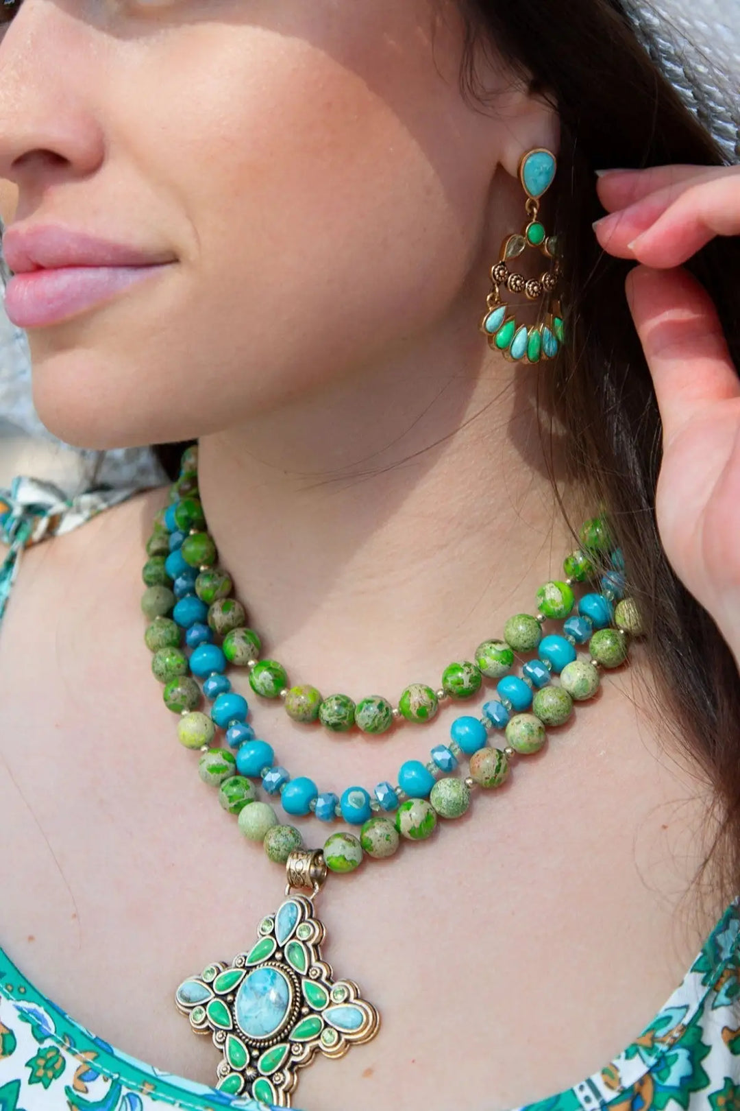 Legacy Lime Green and Blue Turquoise Golden Cross Pendant Statement Necklace - Necklace