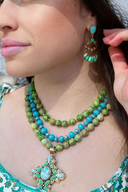 Legacy Lime Green and Blue Turquoise Golden Cross Pendant Statement Necklace - Necklace