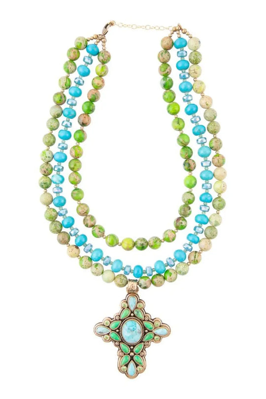 Legacy Lime Green and Blue Turquoise Golden Cross Pendant Statement Necklace - Necklace