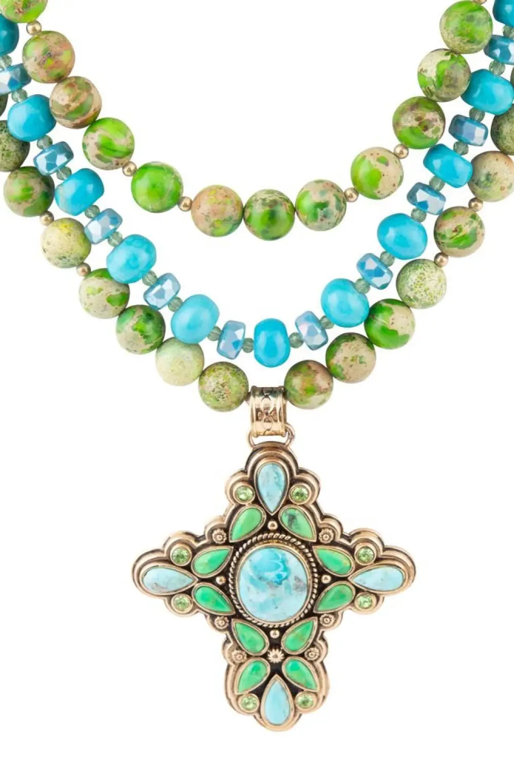 Legacy Lime Green and Blue Turquoise Golden Cross Pendant Statement Necklace - Necklace
