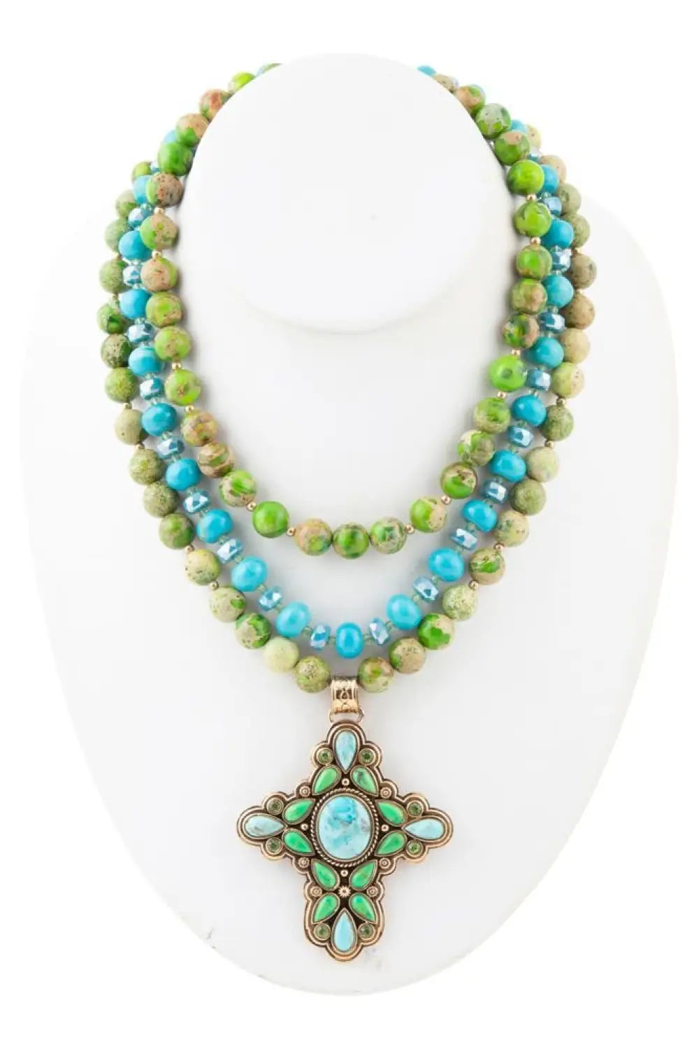 Legacy Lime Green and Blue Turquoise Golden Cross Pendant Statement Necklace - Necklace