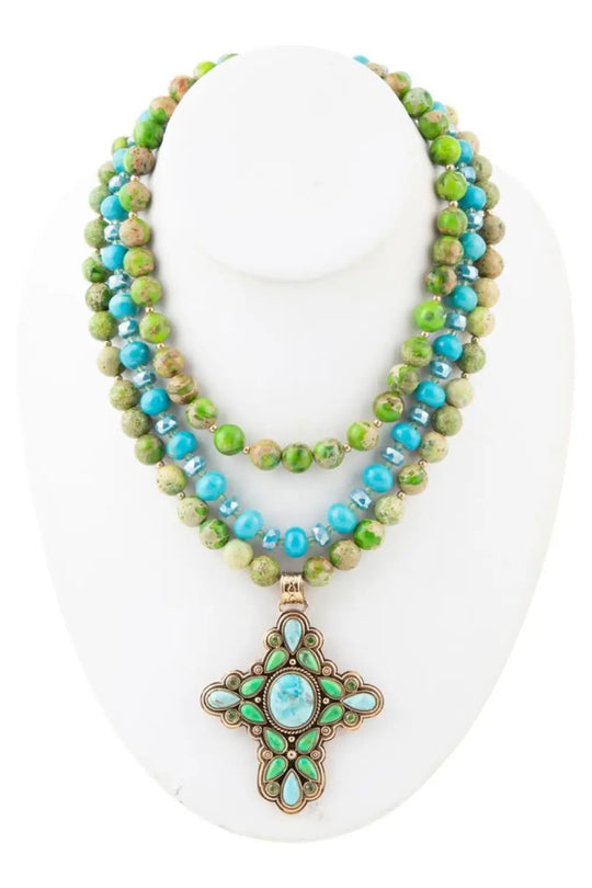 Legacy Lime Green and Blue Turquoise Golden Cross Pendant Statement Necklace - Necklace