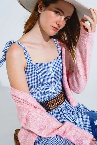 Blue and White Gingham A-line Dress With Adjustable Straps - Dresses