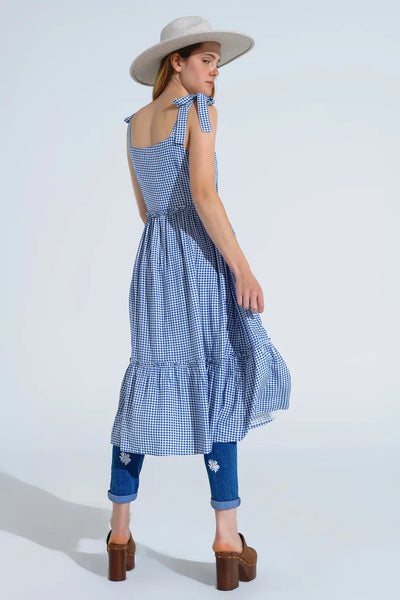 Blue and White Gingham A-line Dress With Adjustable Straps - Dresses