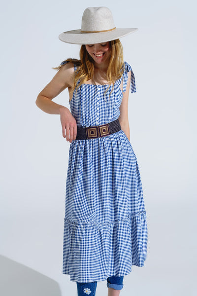 Blue and White Gingham A-line Dress With Adjustable Straps