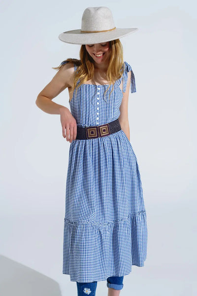 Blue and White Gingham A-line Dress With Adjustable Straps - Dresses