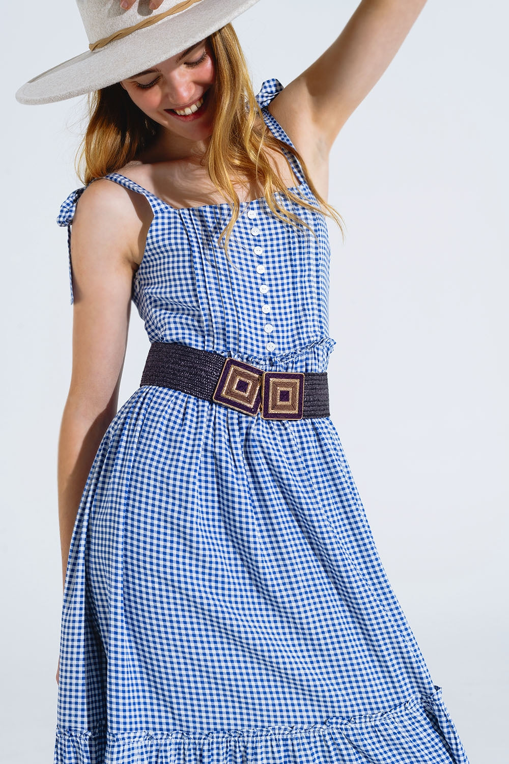 Blue and White Gingham A-line Dress With Adjustable Straps