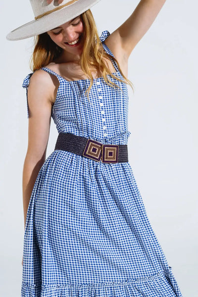 Blue and White Gingham A-line Dress With Adjustable Straps - Dresses
