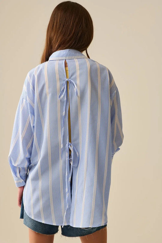 Q2 Blue and White relaxed fit Striped Shirt Tie at The Back
