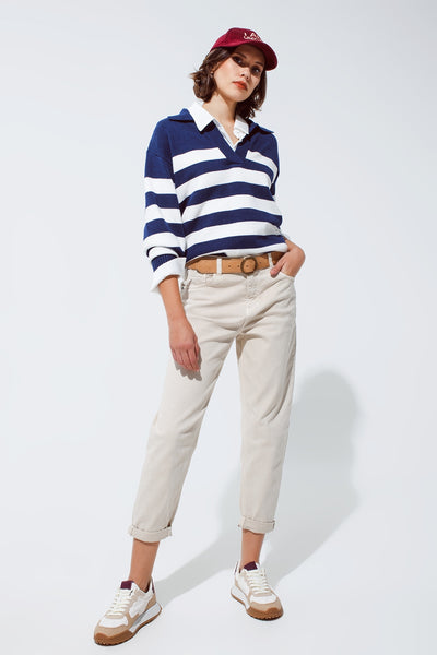 Blue and white striped sweater with V neck and polo collar