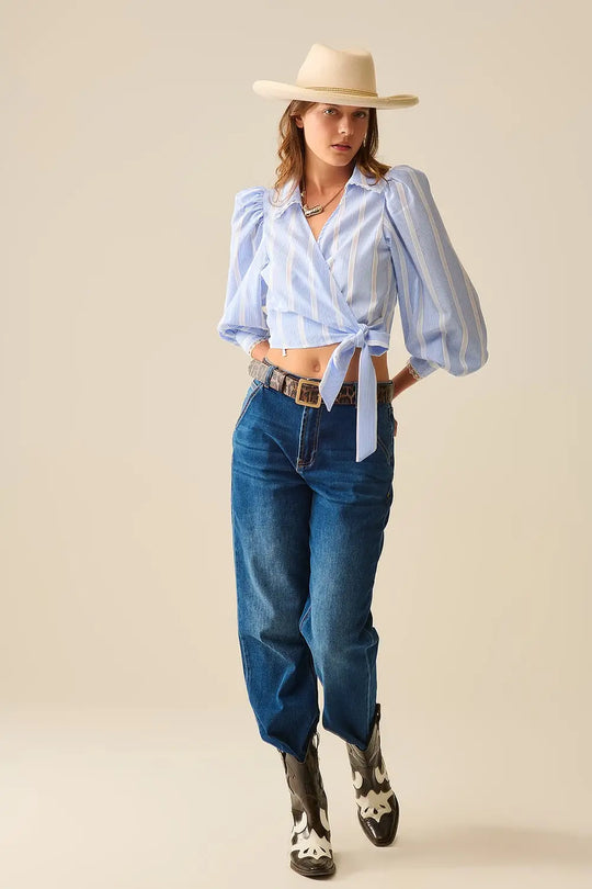 Blue and White Wrap Striped Shirt With Lace in Details - Tops