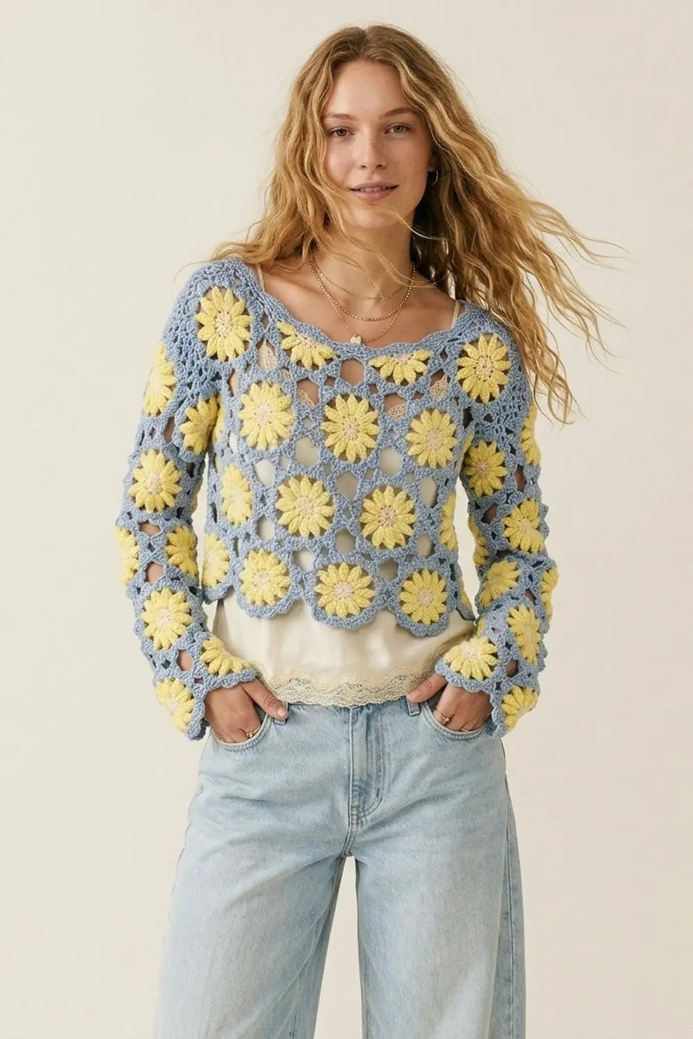 Q2 Blue and Yellow Crochet Daisy Long Sleeve Top