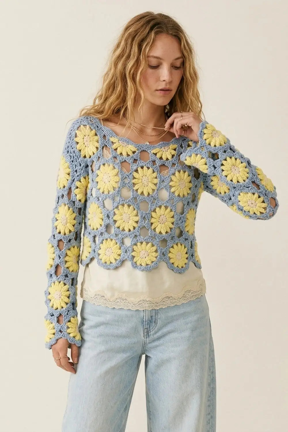 Blue and Yellow Crochet Daisy Long Sleeve Top - One Size / Blue - Tops