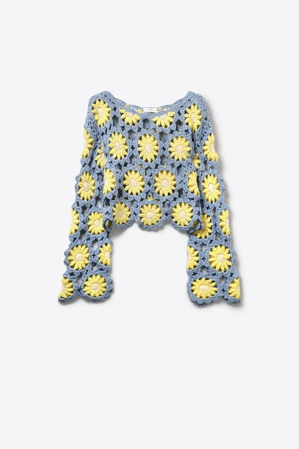 Blue and Yellow Crochet Daisy Long Sleeve Top - One Size / Blue - Tops