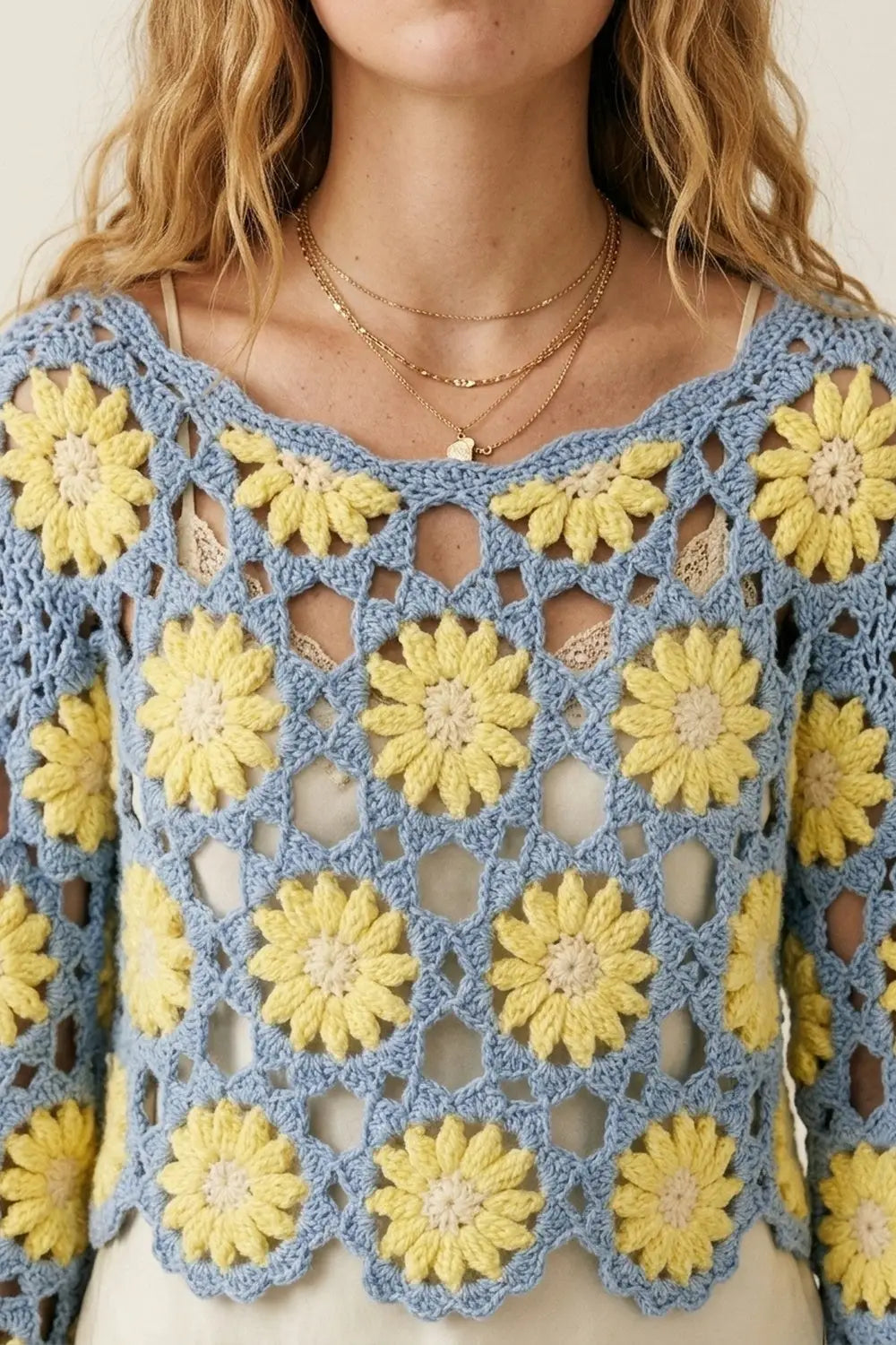 Blue and Yellow Crochet Daisy Long Sleeve Top - One Size / Blue - Tops