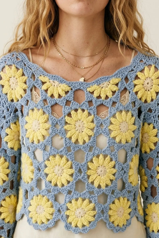 Blue and Yellow Crochet Daisy Long Sleeve Top - One Size / Blue - Tops