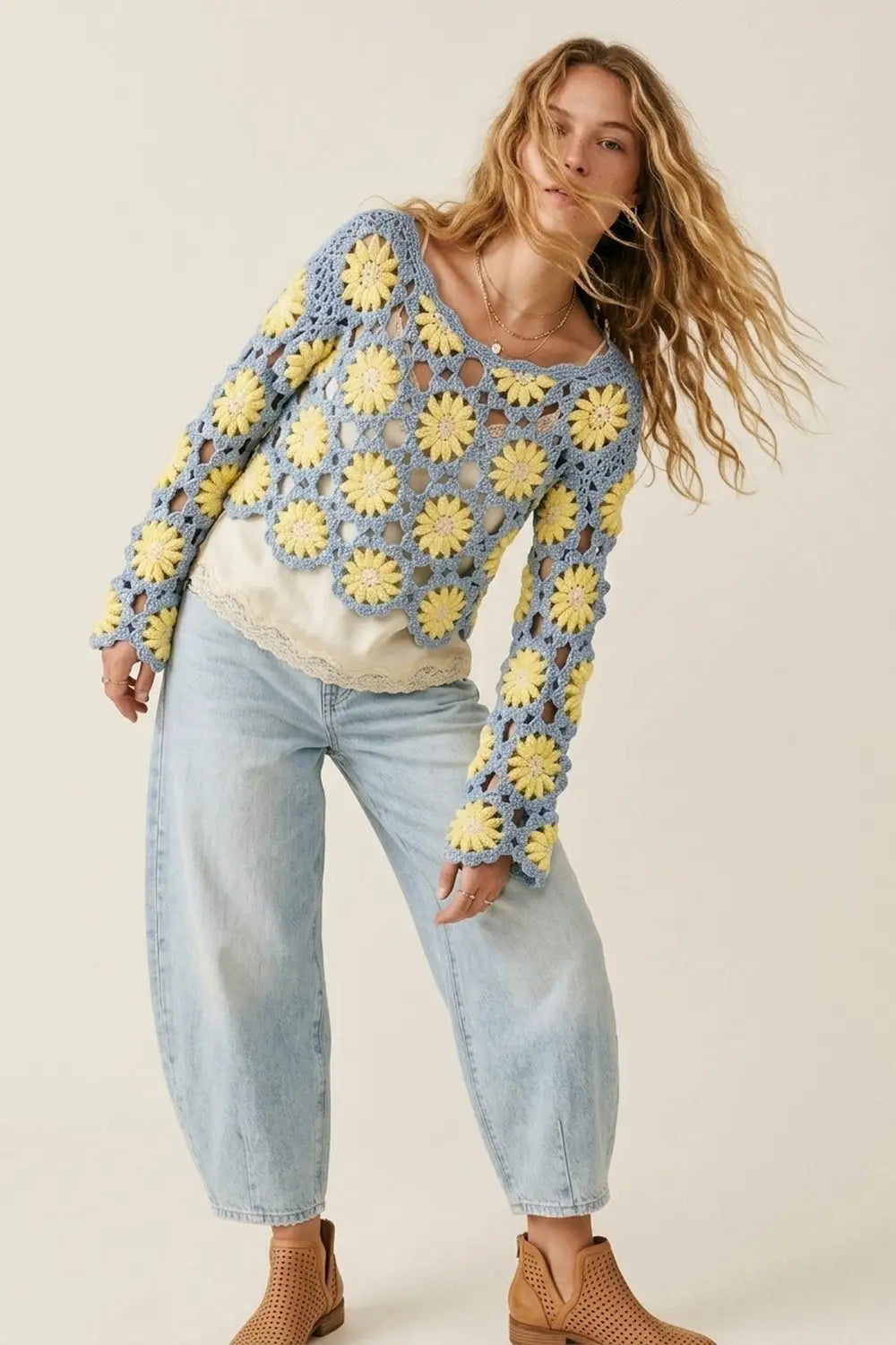 Blue and Yellow Crochet Daisy Long Sleeve Top - One Size / Blue - Tops