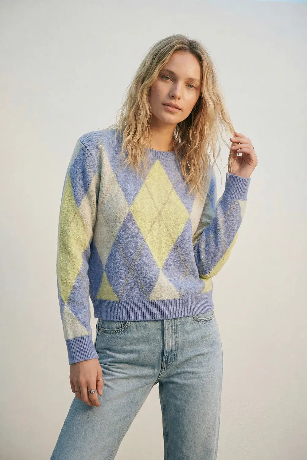 Q2 Blue and yellow diamond patterned sweater in soft fluffy knit