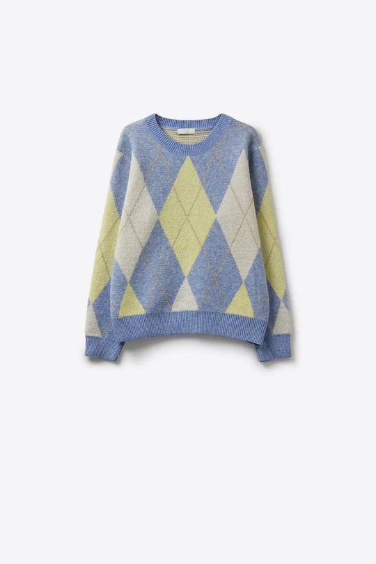 Blue and yellow diamond patterned sweater in soft fluffy knit - One Size / Blue - Sweaters