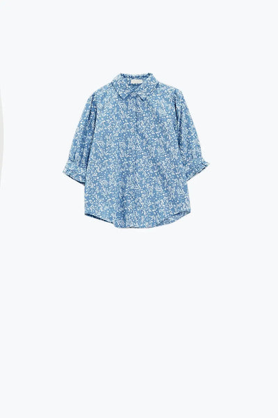 Blue Blouse with Floral Design and short sleeves - Shirts