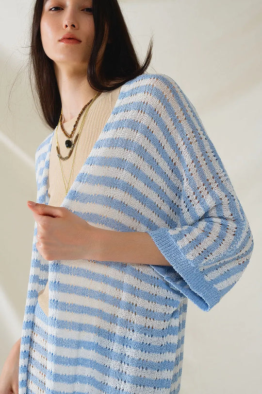 Blue Boho Style Cardigan With Stripes Pointelle Knit and Fringe Details - One Size / Blue - Sweaters