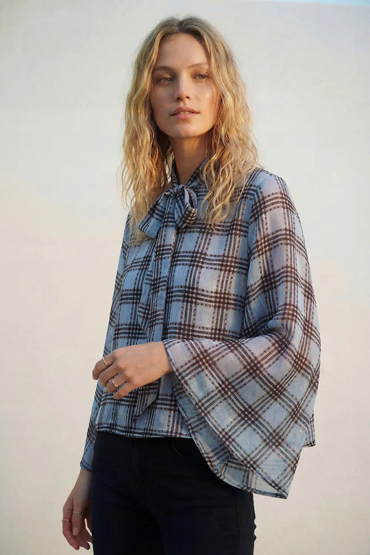 blue Chiffon Blouse with Check Print with Wide Sleeves and Neck Tie - Tops