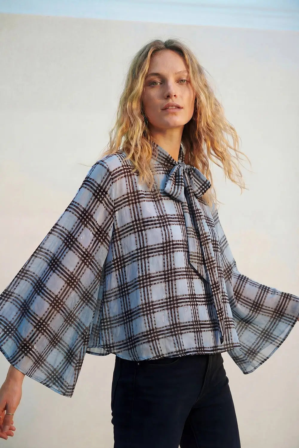 Q2 blue Chiffon Blouse with Check Print with Wide Sleeves and Neck Tie