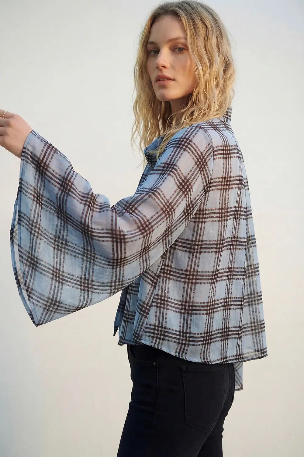 blue Chiffon Blouse with Check Print with Wide Sleeves and Neck Tie - Tops