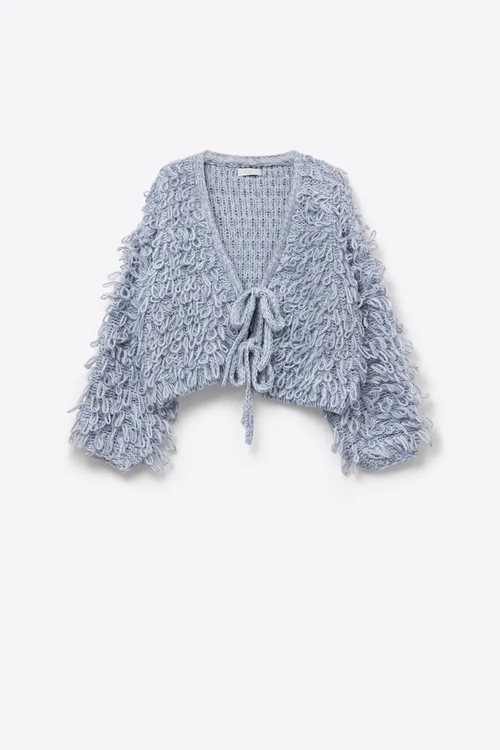 Q2 Blue chunky knit cardigan with V-neck and front bow closure