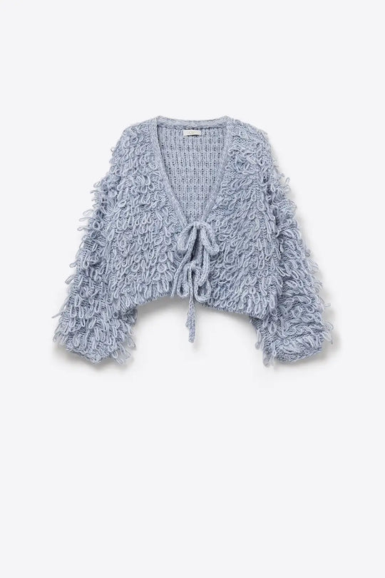 Q2 Blue chunky knit cardigan with V-neck and front bow closure