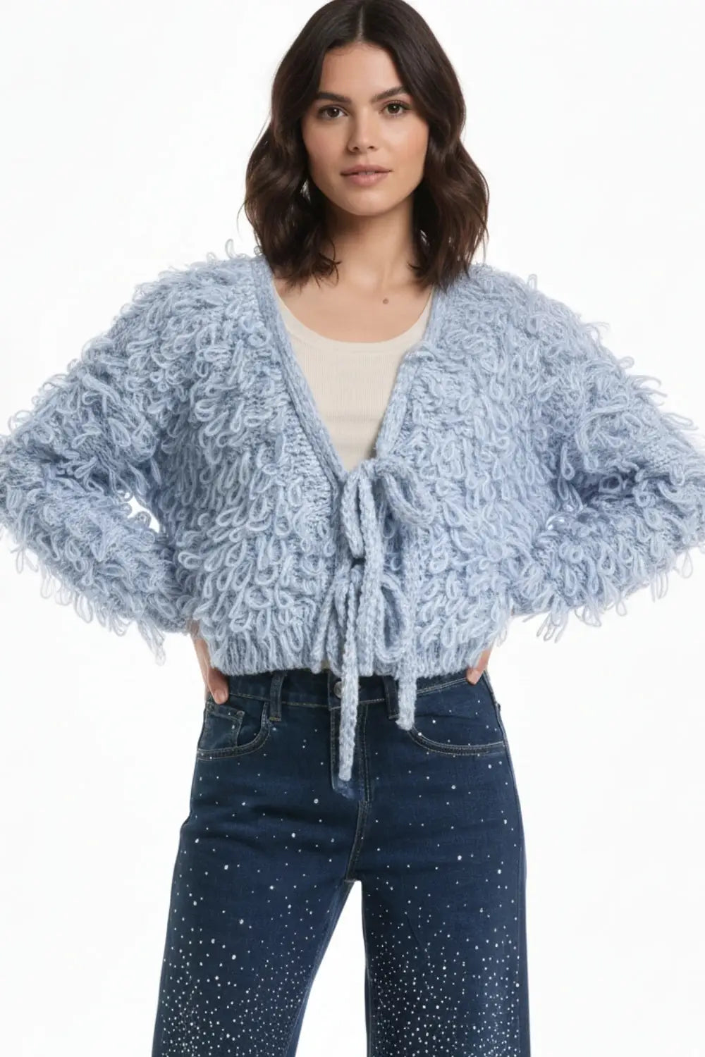 Blue chunky knit cardigan with V-neck and front bow closure - One Size / Blue