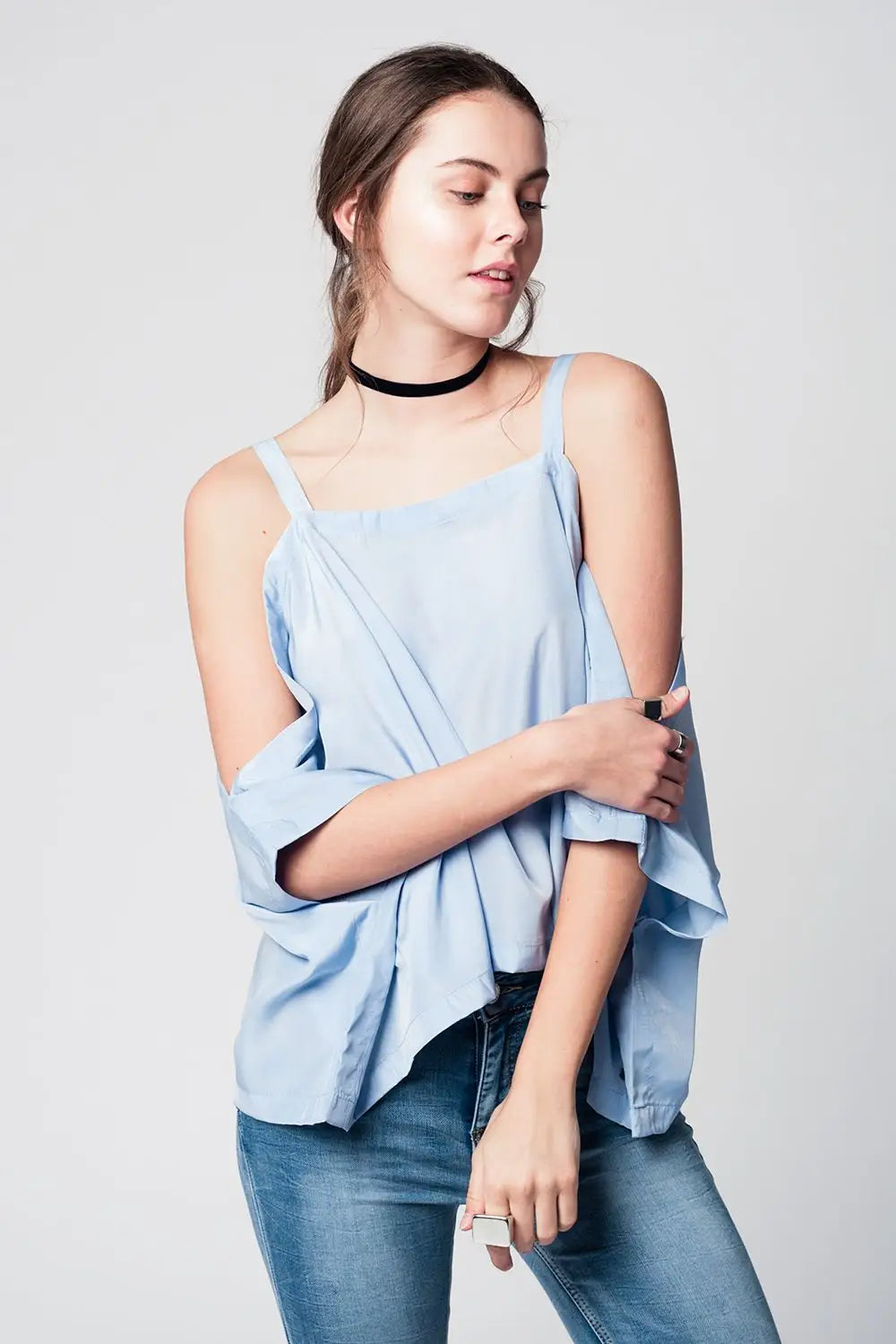 Q2 Blue cold shoulders top