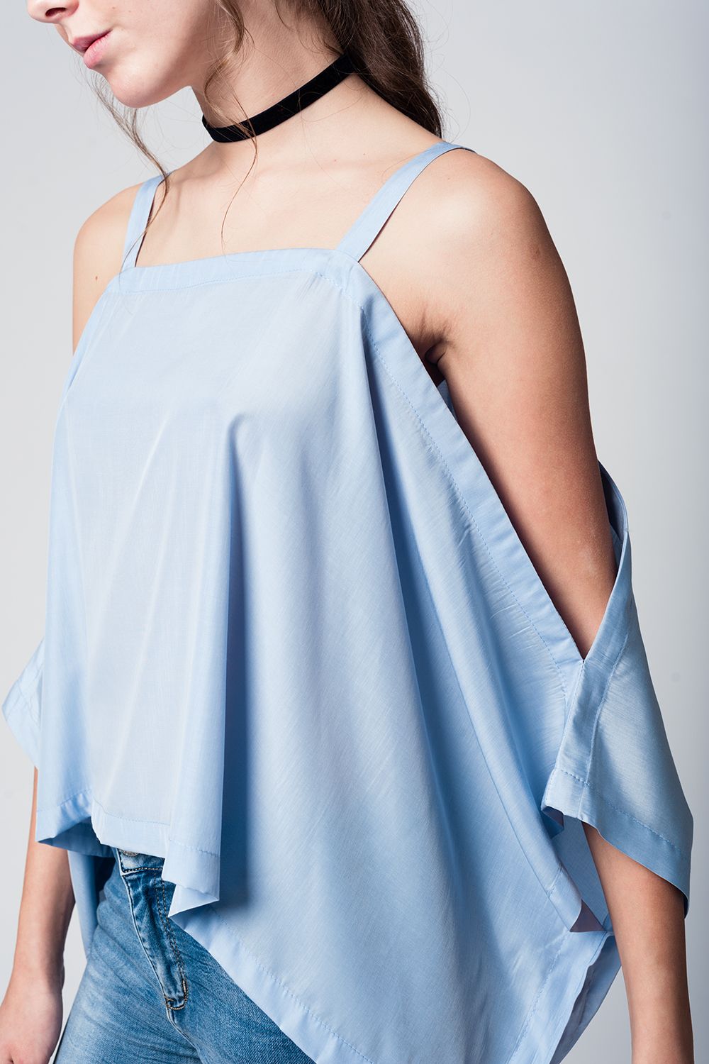 Blue cold shoulders top