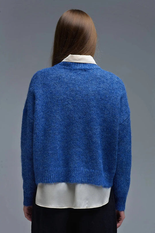 Blue Crew Neck Sweater With Striped Hearts - One Size / Blue - Sweaters