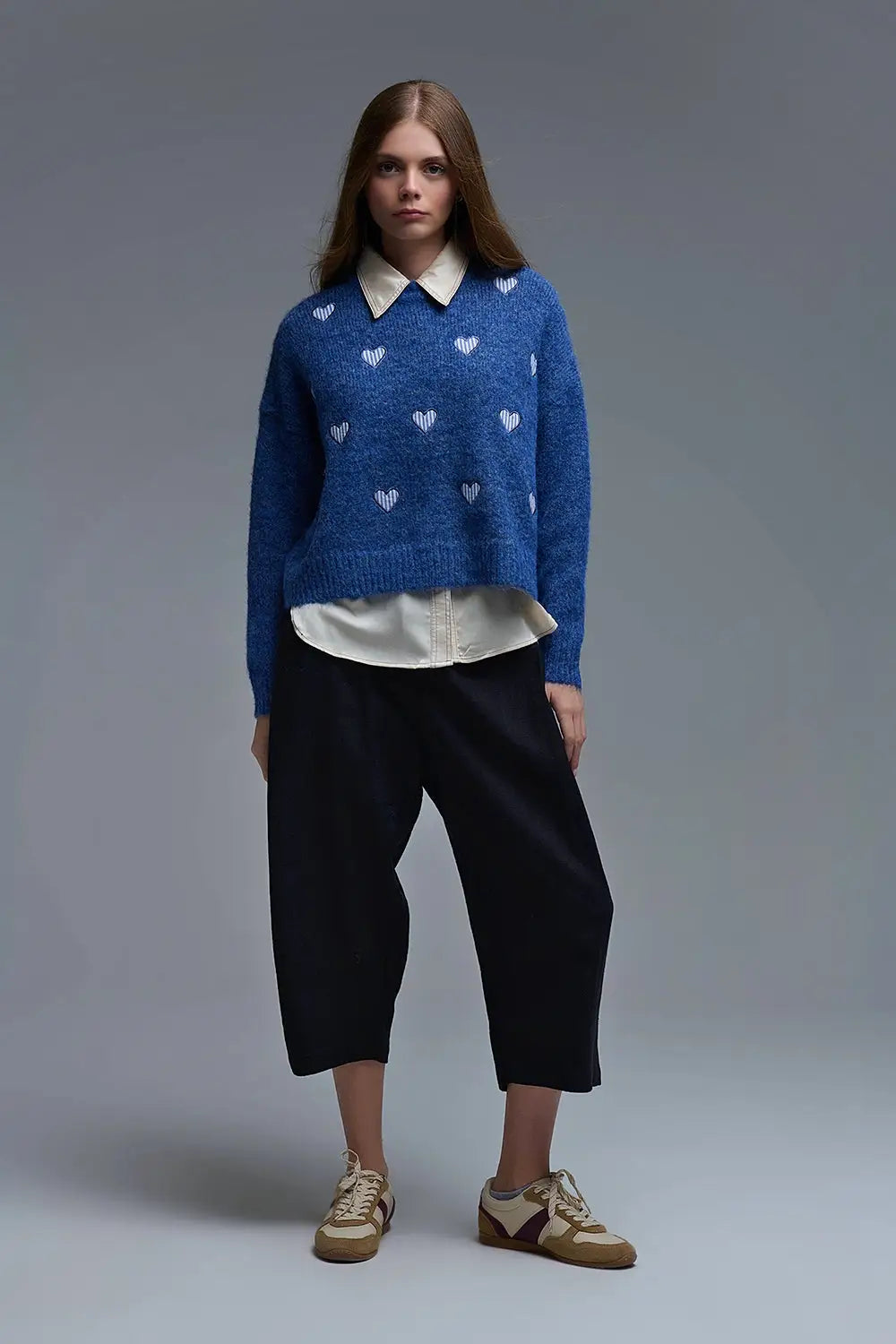 Blue Crew Neck Sweater With Striped Hearts - One Size / Blue - Sweaters
