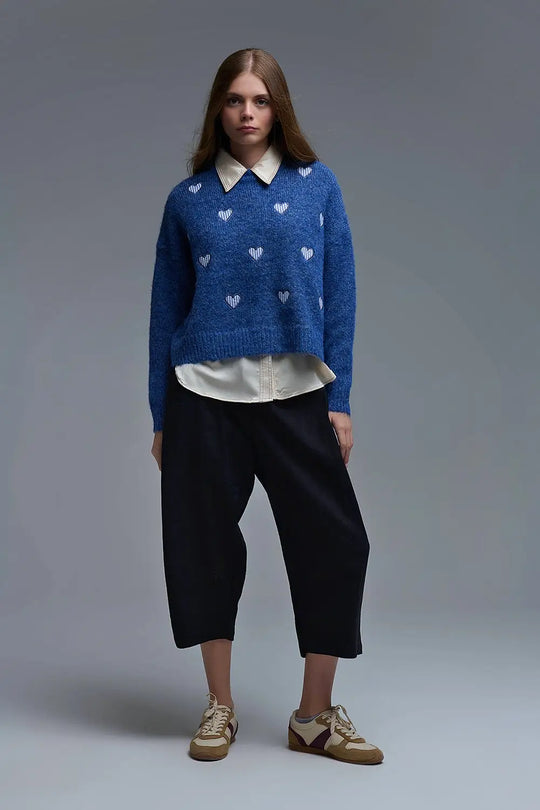 Blue Crew Neck Sweater With Striped Hearts - One Size / Blue - Sweaters