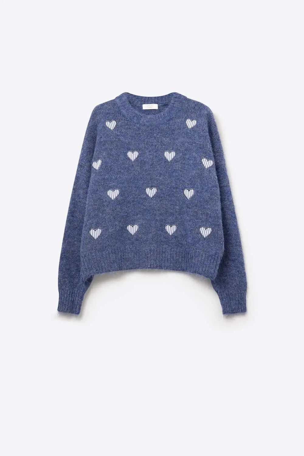 Blue Crew Neck Sweater With Striped Hearts - One Size / Blue - Sweaters