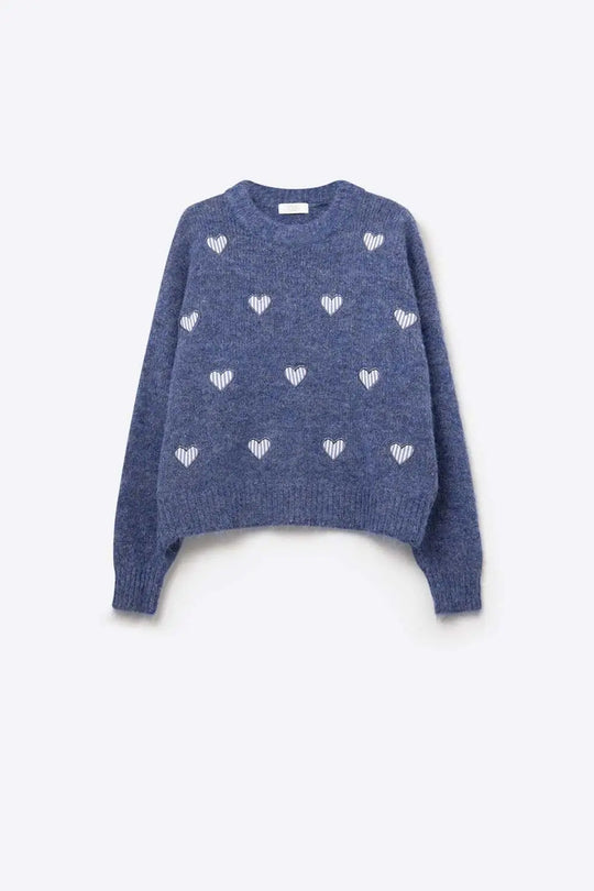 Blue Crew Neck Sweater With Striped Hearts - One Size / Blue - Sweaters