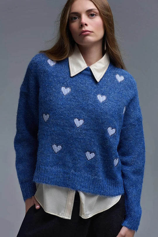 Blue Crew Neck Sweater With Striped Hearts - One Size / Blue - Sweaters