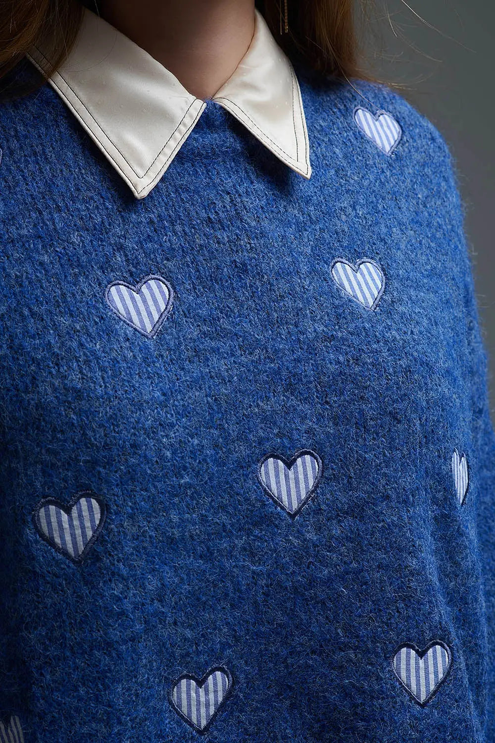 Blue Crew Neck Sweater With Striped Hearts - One Size / Blue - Sweaters
