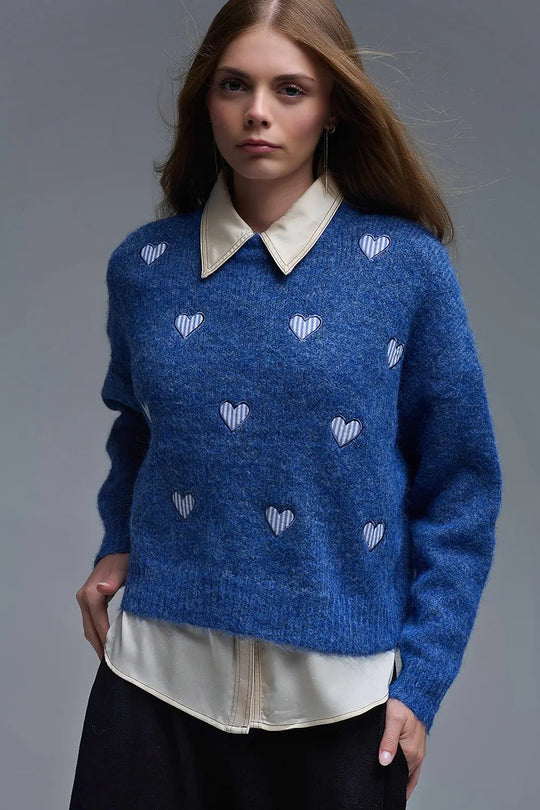 Blue Crew Neck Sweater With Striped Hearts - One Size / Blue - Sweaters