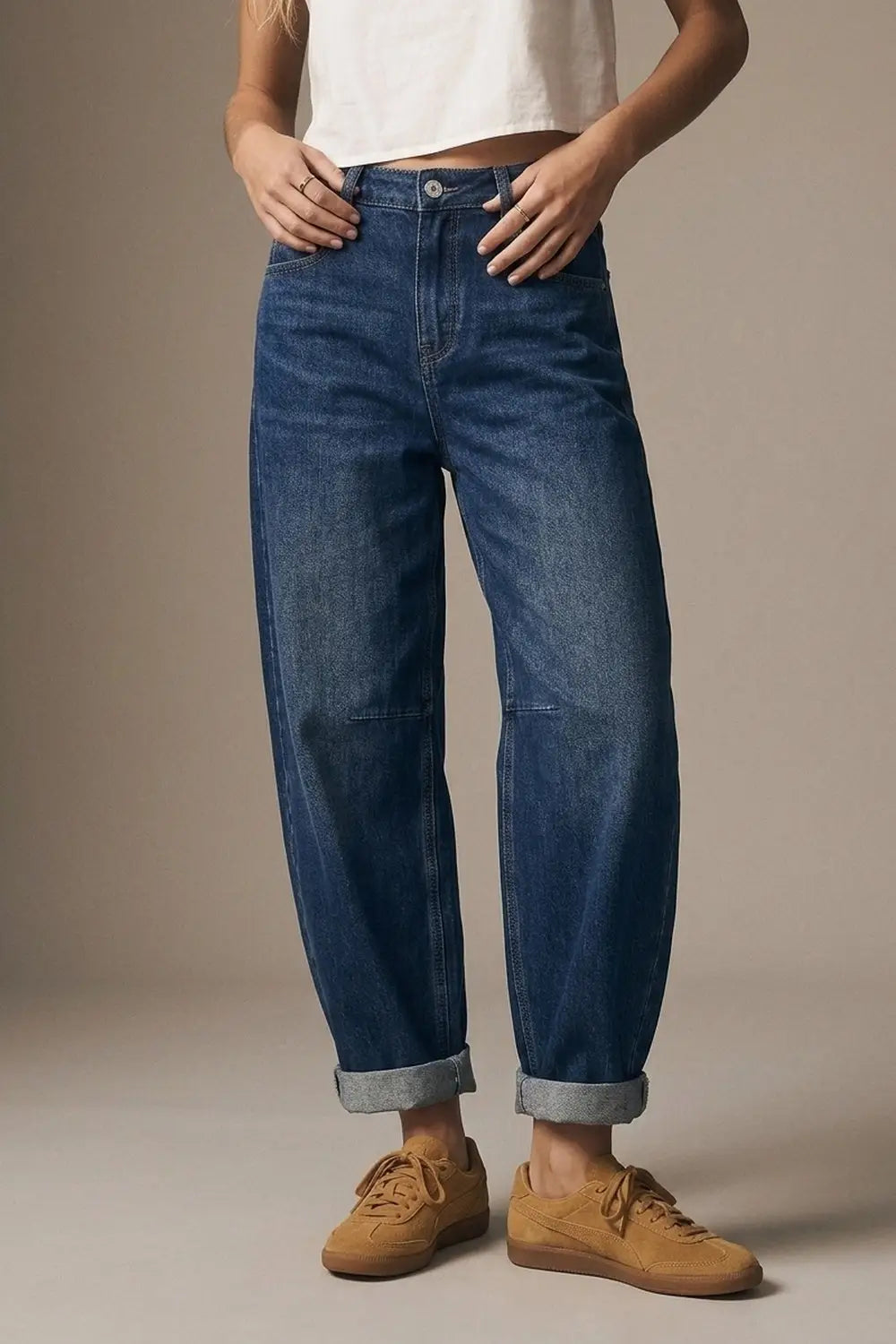 Q2 Blue Dark Wash Turn-Up leg Jeans with wide barrel leg style