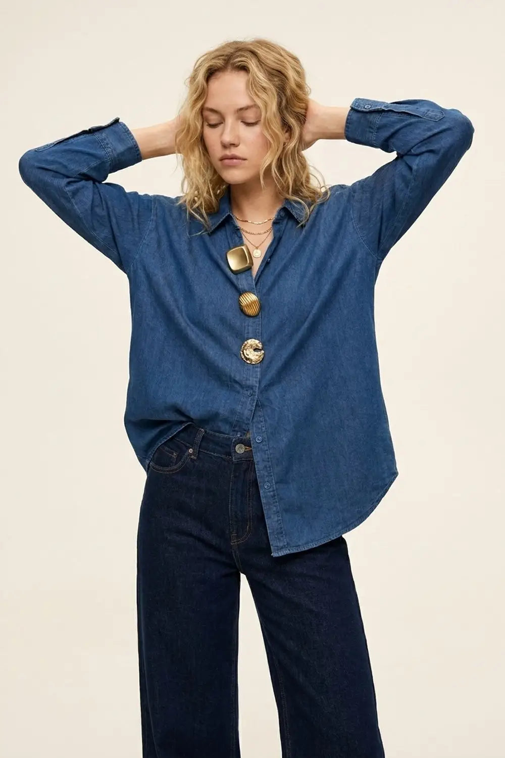 Q2 Blue Denim Oversize Shirt with Statement gold Buttons