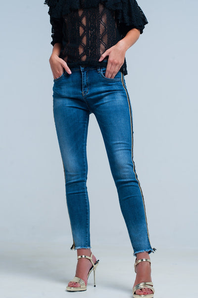 Blue denim pants with gold and black sideband